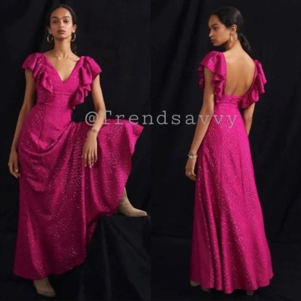 ANTHROPOLOGIE Hutch Ruffled Open Back Maxi Dress Pink Metallic Silver Tiered NWT